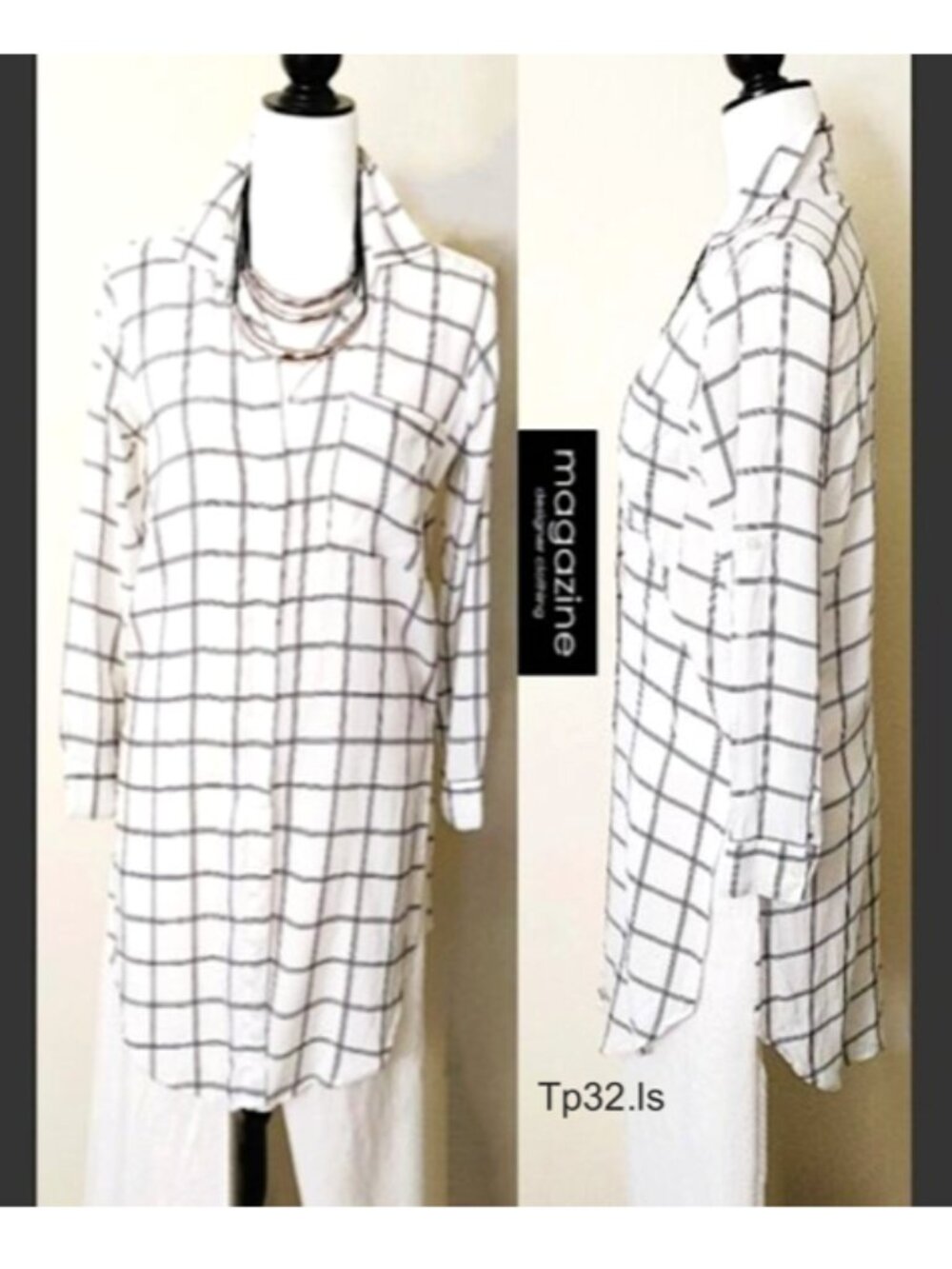 MAGAZINE 100% Rayon Shirt Dress White Checker Roll-tab Sleeved Collar Buttoned